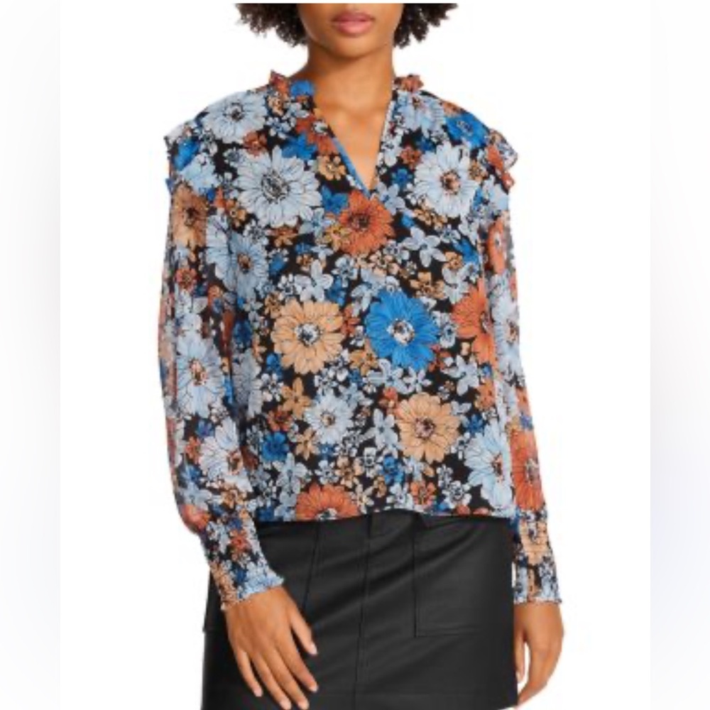 Steve Madden Blue Ruffled Mandarin Collar Blouse #128